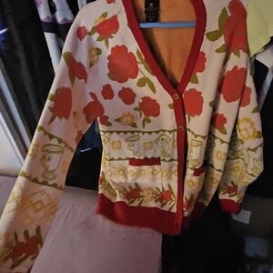 Her Universe Cream Cardigan with Red Floral and Yellow Accents
